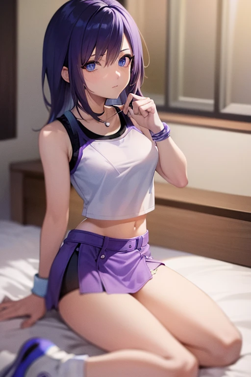 Kairi from kingdom hearts, white top with black undershirt, navel purple biker shorts, white and purple shoes, black joker, bracelets, in bedroom, thighs