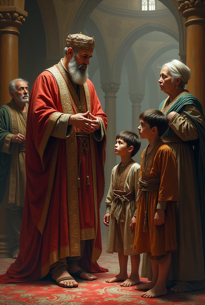 Israelite mother presenting her robed Israelite son to an animated priest