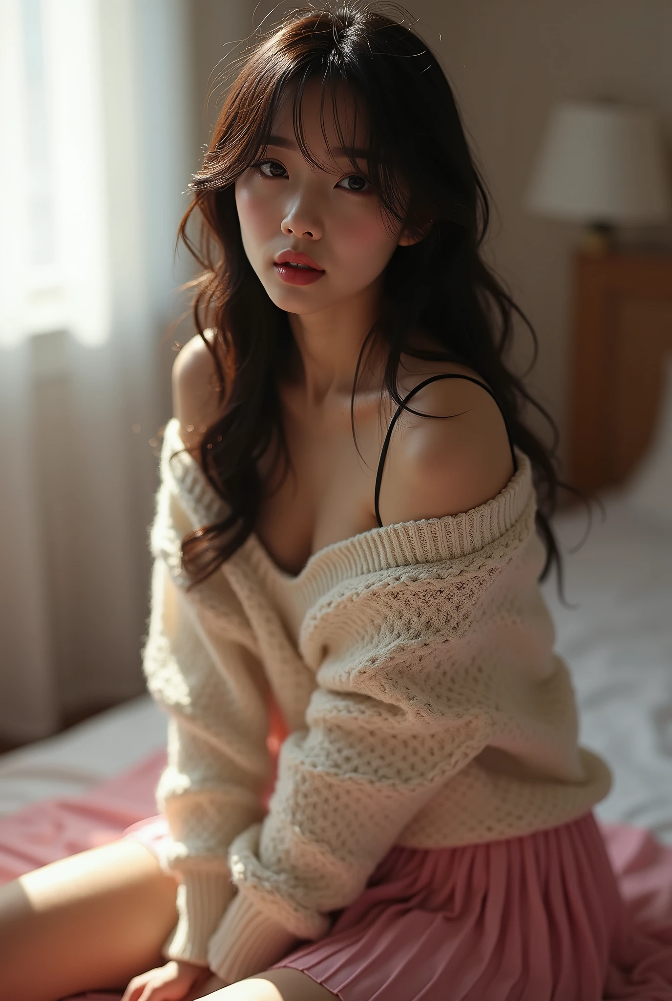 Dark brown hair、Light brown eyes、Japanese actress、 Lady、I am about 40 years old...、(Intricate details:1.2)、(Which is the top???:1.4)、 (Ultra-high resolution:1.2)、Ultra-high resolution、(Finely tuned)、(Detailed facial features)、Hmph、8K resolution、D cup size breasts、Long Hair、Bright bathroom with sunlight shining in、Large windows、Extravagant space、relax、、,Full body photo、Head to toe shot、Beautiful feet、red Off-the-shoulder knit、Beautiful feet、A refreshing room filled with sunlight、she, household items, (plant:0.8), Fashion Hub, Attention to detail, Very detailed, Realistic, Hourglass Shaped Body, Obscene pose,、、私 cry a lot、tears、person on the left、White wall、White floor、diagonally from below、Please lift your chin、Put your butt against the wall、relaxした表情、Pose of Weakness、