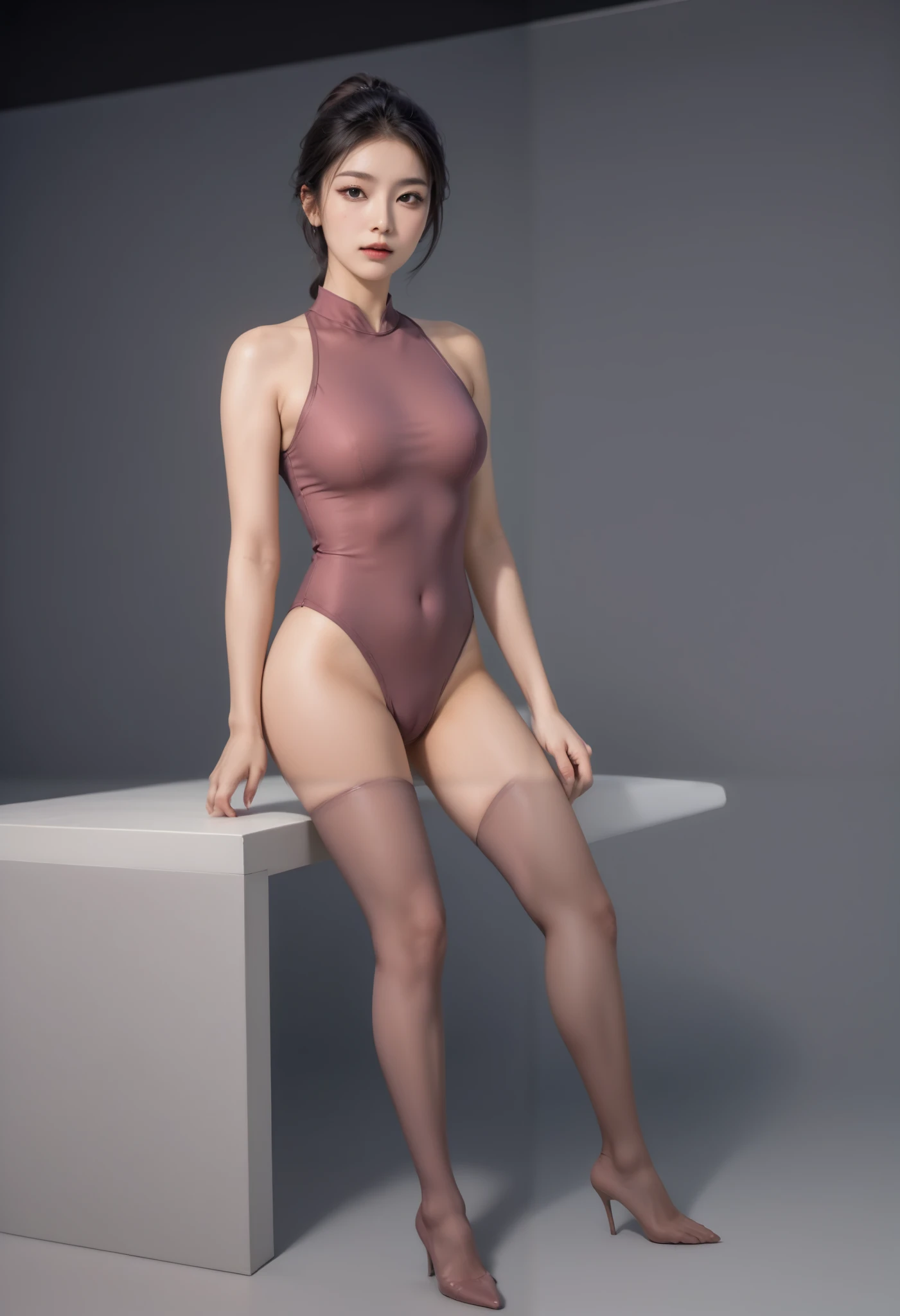 Dark solid color background, soft light volume lighting, huge and heavily sagging breasts, rounded buttocks, bald head, bald head, with a naked bald woman bending back to the camera, strapless tethered ultra-fine bikini, sagging big tits, pouting ass, bending over to the camera, big tits, big ass,