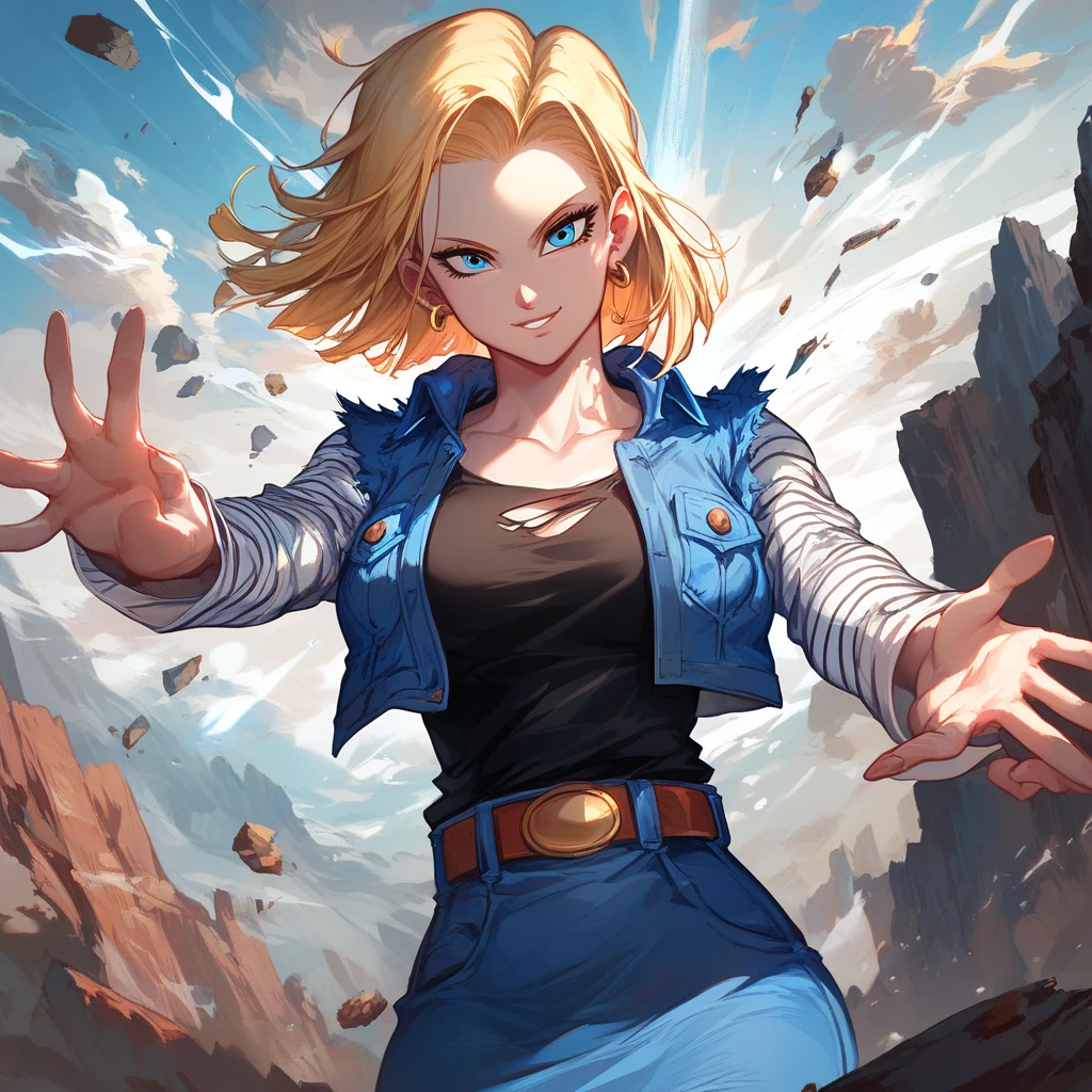 score_9, score_8_up, score_8, medium breasts, (curvy), cute, eyelashes,    zzAndroid18, blue eyes, blonde hair, short hair, jacket, denim, denim jacket, jewelry, earrings, long sleeves, shirt, skirt, belt, stripes,  smile, looking at viewer,   serious expression, dramatic sunset casting shadows, standing on a cliff overlooking a devastated battlefield, her iconic outfit slightly torn, glowing with suppressed energy, a moment of reflection before the next fight,  ,,, embedding:zPDXL, Expressiveh, 