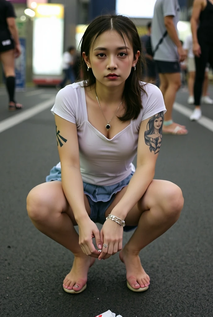 NSFW,
photography, film, depth of field, realistic skin texture, realistic photography,
(one girl, junior idol, teenage girl, Japanese girl, runaway girl),
messy hair, cute face, looking at camera, full body, (tattoos),
she is wearing a necklace, (stained camisole, stained super mini skirt), friendship bracelet, anklet, but no panties, no underwear,
her body is plump, not very curved waist, big buttocks and Her thighs are thick and she looks underdeveloped overall, but she has huge breasts as big as her head,
She is still in her early teens, but she ran away from home and is making a living by prostituting herself,
She is squatting on the street with her legs spread,
She spreads her legs and shows her pussy to get the man's attention,
She hasn't washed her body so her whole body is dirty, her clothes, skin and hair are dirty,
This is a corner of Shinjuku's downtown, (night, downtown at night), town, city, downtown,
Condom, (used condom),