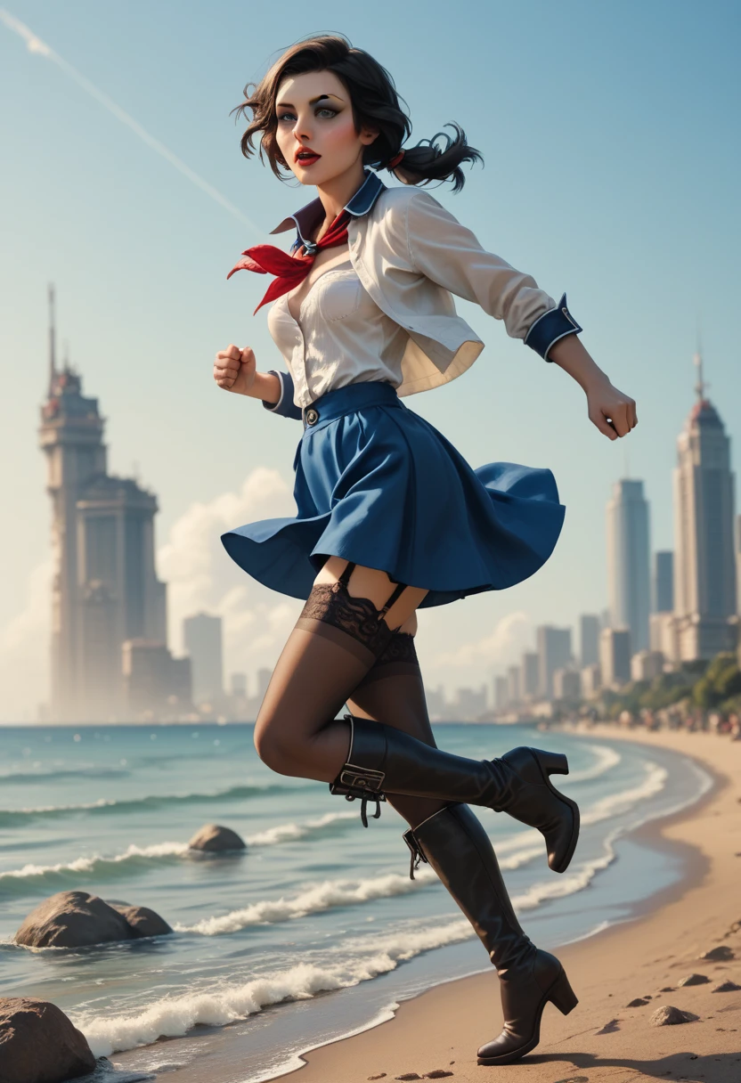 Realistic, Elizabeth Comstock from "Bioshock Infinite",  loose hair in low ponytail at neck, Shirt, Neckerchief, Skirt, Boots, Open clothes, Miniskirt, Garter straps, Thighhighs, low-heeled boots, ((running)), indoor artifical beach background, detailed eyes