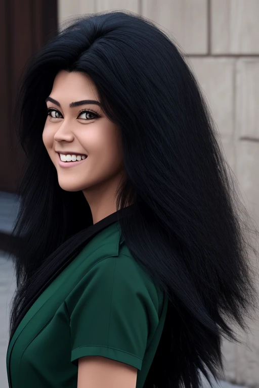 most very jet black hair,most very long hair,long wolf cut hairstyle,most very lion hair,most very wolf hair,most very frizzy hair,coarse hair,most very spread hairstyle,thick hair,fluffy hair,most very heavy weight hair,high ponytail hairstyle,heavy looking hairstyle,most very voluminous hair,shiny jet black hair,woman's hair is covering all right eye,female jail officer,black uniform,a heavy-looking uniform,black pants,tall woman,1 Japanese woman,woman's height 2.3m,most very strong face,most very mocking smile face,black eyes,very close-up to face,most very muscle body,most very beautiful face,show more hair,high resolution,green background