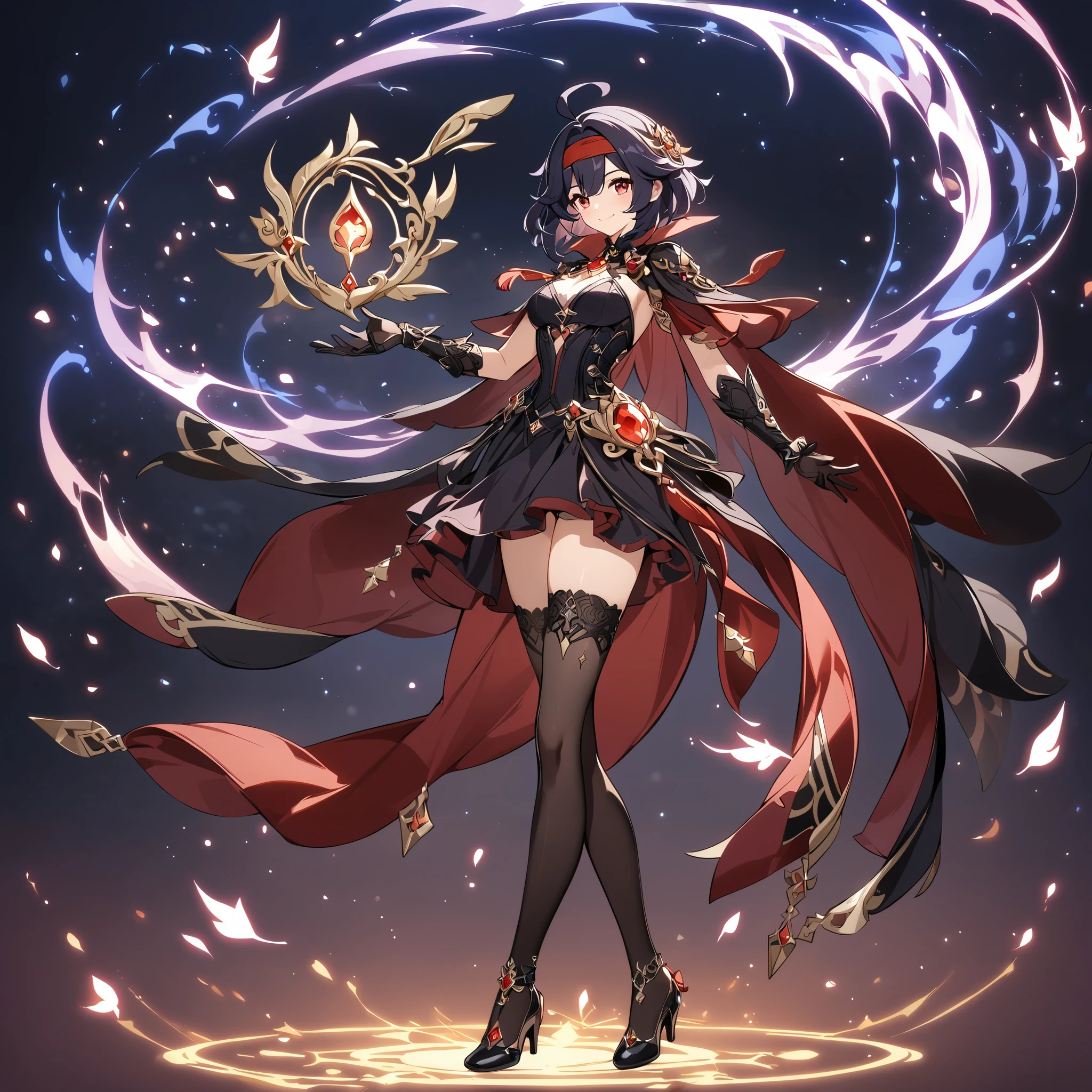 1girl, smile, ahoge, short black hair, red headband, red eyes, fantasy dress, gothic dress, ornate outfit, black thigh-highs, red cape, empty background, detailed gloves, intricate accessories, high heels, fantasy character, magical aura, full body view, majestic atmosphere, masterpiece, genshin art style, best quality,  highres, incredibly absurdres, genshin art style