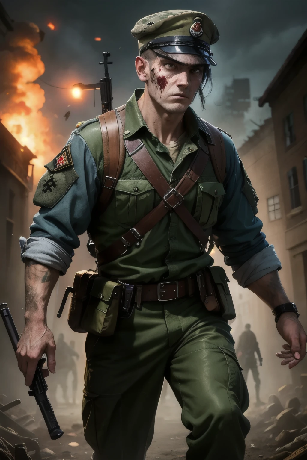 (best quality, masterpiece:1.2), 8k detailed cgi render, thick outlines, strong shadows, <lora:add_detail:0.75>,
(1man, muscular adult male:1.2), purple eyes, copper hair, clean-shaven,
portrait, solo, upper body, looking at viewer, detailed background, detailed face, (<lora:RetroFuturismAI:0.5>, RetroFuturismAI, retro-futurism theme:1.1), battlefield-medic, determined, tattered military medic uniform, gloves, belt, red cross, military insignia, medical supplies, morphine, triage, blood , war torn battlefield with flames, <lora:Fire_VFX:0.6> in background, floating particles, ashes, dim sunlight, chaos, cinematic atmosphere,
