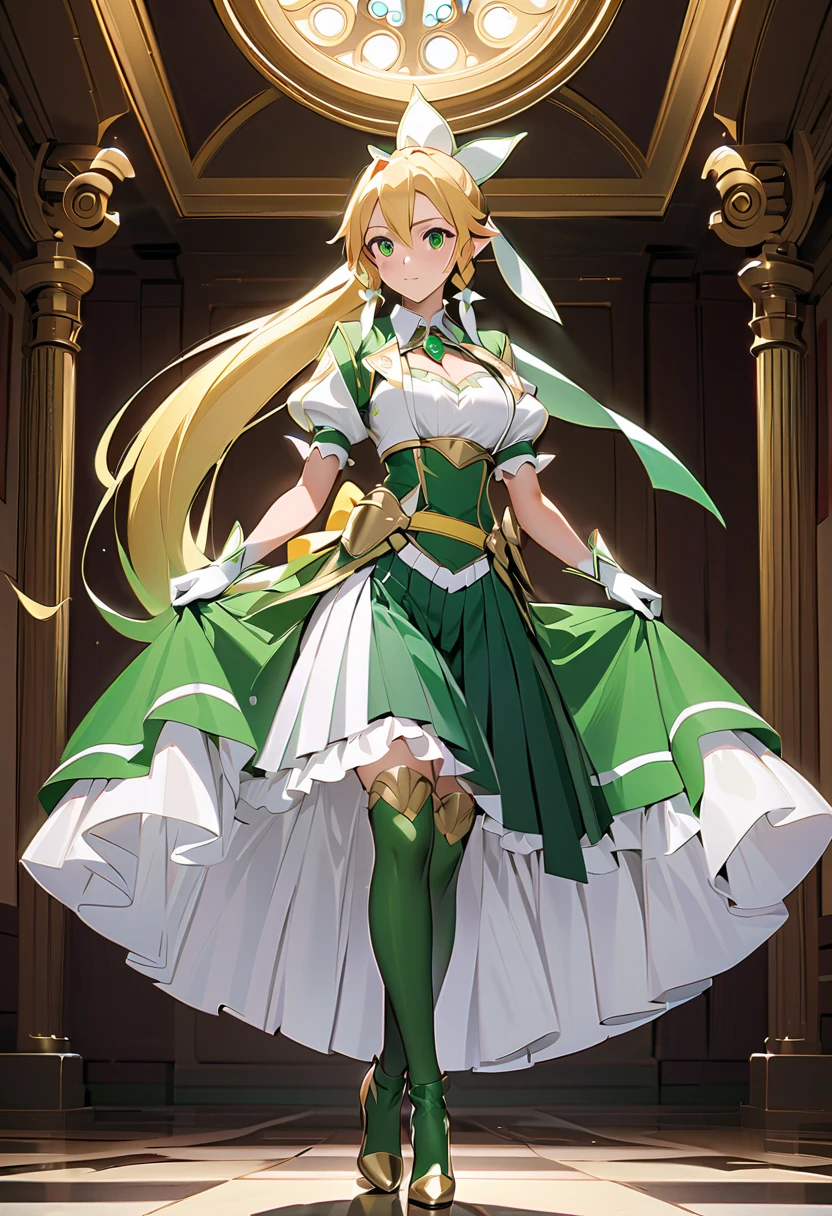  top quality、  unity 8k 、32K、  Masterpiece 、  very detailed 、   super high resolution 、  very detailed な顔、 RAW photos 、 professional、 Great Paintings 、Magical Fairy Swordsman Leafa、 blonde long hair、White hair ribbon、 green eyes、Green magical girl costume、  blonde ponytail、White hair ribbon、  yellow bow with large emerald brooch   、  white pleated skirt with green lines  、Green and yellow long gloves、   green thigh stiletto heel boots with gold molding 、   full body shot  、