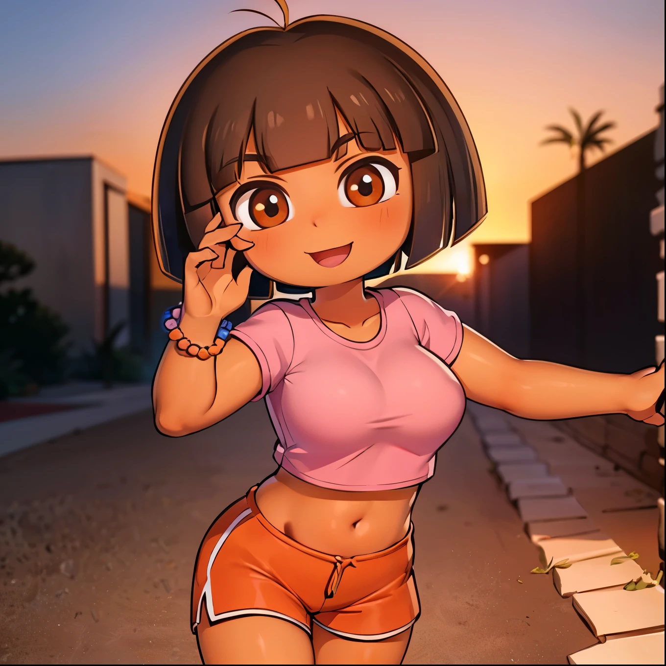 Young teenager, (solo 0.6), dark brown hair, bob cut hair, dark tan skin, Latina girl, brown eyes, exploring desert ruins, sunset, pink t shirt, orange shorts, bead bracelet, smiling, huge breasts, bare midriff, athletic body, slender body, skinny, thin waist, cute,