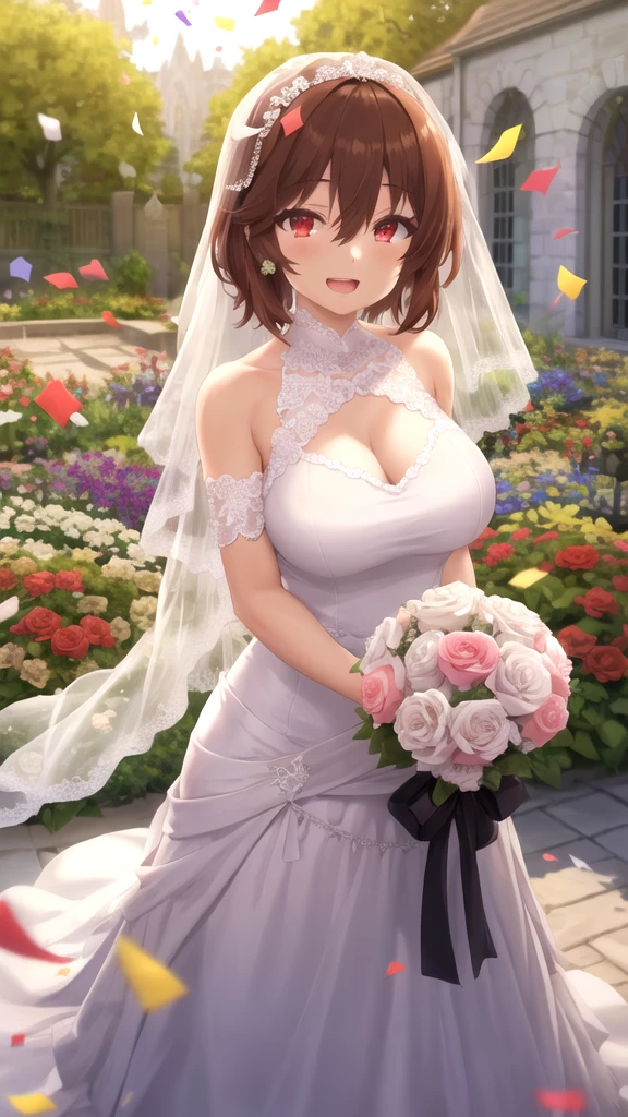 masterpiece, best quality, high quality, girl, solo, looking at viewer, keyaru_kaifuku_jutsushi, brown hair, red eyes, hair between eyes, large breasts, wedding Dress, standing, garden, confetti, holding bouquet, smile, open mouth,