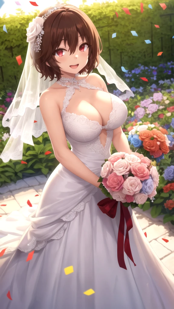 masterpiece, best quality, high quality, girl, solo, looking at viewer, keyaru_kaifuku_jutsushi, brown hair, red eyes, hair between eyes, large breasts, wedding Dress, standing, garden, confetti, holding bouquet, smile, open mouth,