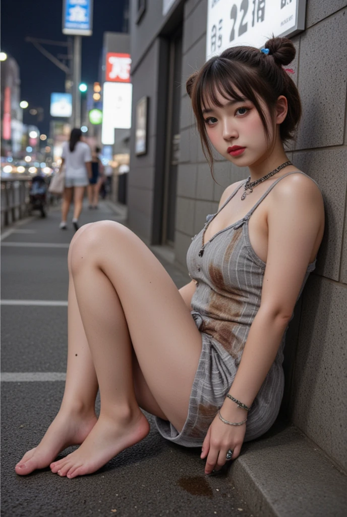 NSFW,
photography, film, depth of field, realistic skin texture, realistic photography,
(one girl, junior idol, teenage girl, Japanese girl, runaway girl),
pigtails, messy hair, cute face, looking at camera, full body, (tattoo),
she is wearing a necklace, (stained camisole, stained super mini skirt), friendship bracelet, anklet, but no panties, no underwear,
her body is plump, not very curvy, big buttocks and thick thighs, overall signs of underdevelopment She's an elephant, but she has huge breasts as big as her head (Gigantic Bust: 1.6),
She's still in her early teens, but she ran away from home and is making a living by prostituting herself,
She's sitting on the edge of the sidewalk with her legs spread,
She spreads her legs and shows her pussy to get the attention of men,
She hasn't washed her body so her whole body is dirty, her clothes, skin and hair are dirty,
This is a corner of Shinjuku's downtown, (night, downtown at night), town, city, downtown,
Various kinds of trash are scattered on the street, condoms, (used condoms),