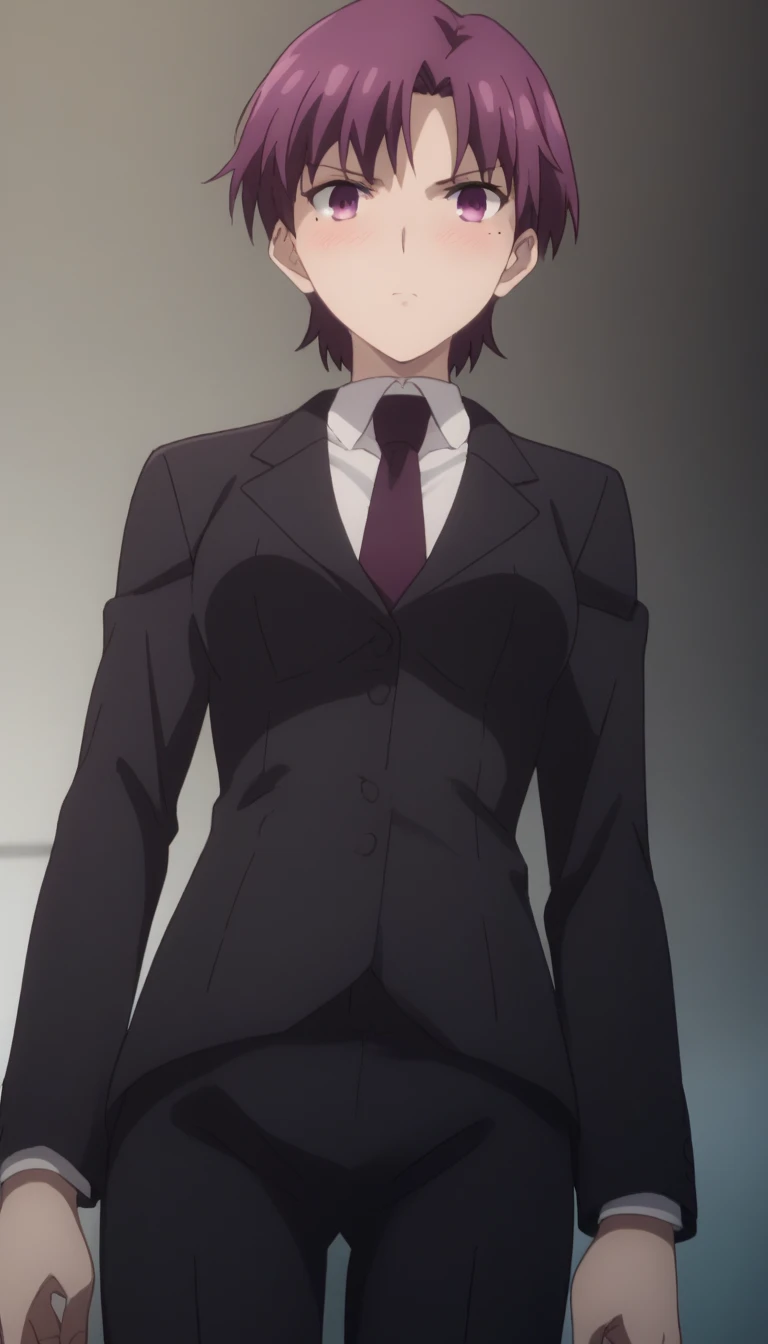 sauce_anime, ambient light,, tall female, 
anime screencap, anime coloring, official style, bazett fraga mcremitz, short hair, (purple eyes:1.1), purple hair, mole, mole under eye, medium breasts, detailed eyes, 
necktie, formal, suit, black suit, black pants,
indoor,  hotel ,  blush, pov ,, 
alone, Dutch Angle, (looking at viewer), Cowboy Shot, , , large breast,  