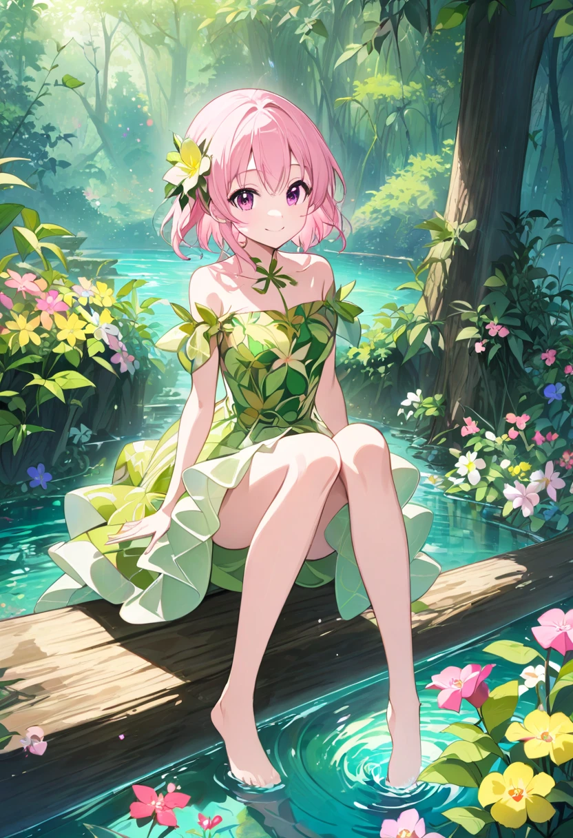  top quality、 anime painting、 、 very small breasts on toilet bowl 、Very slim body、Very slim legs、 dark pink eyes 、 Light pink hair、 shortcut 、 、 yellow-green and green leafy dress 、feet、Lush forest、Sitting on a stump、 colorful flowers floating by the water 、smile、