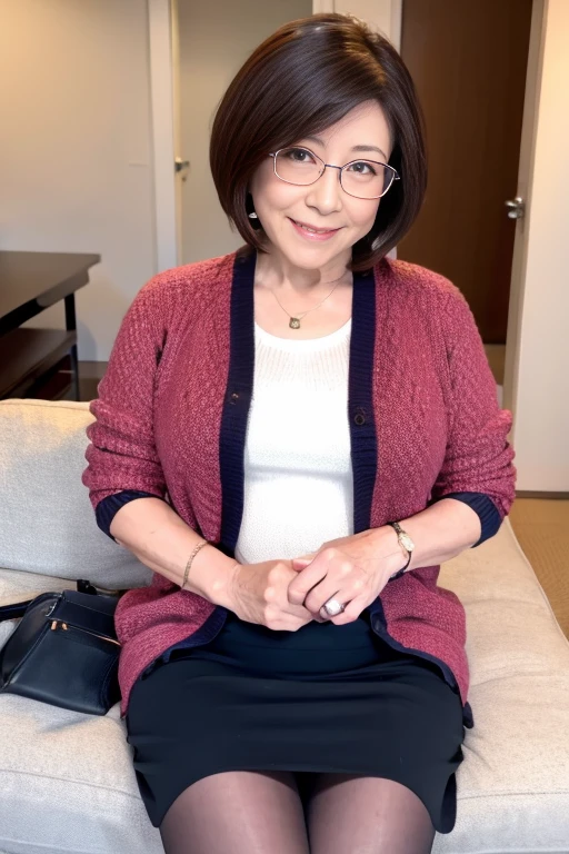  An 80 Year Old Japanese Elderly Female AV Actress Wearing a Cardigan for Older Women、Very sloppy body、 chubby body 、 Stylish Glasses for Older Women 、curled short hair、makeup、Shaping Underwear for Older Women 、 knitted miniskirt、 Pantyhose for Older Women、 she smiles softly