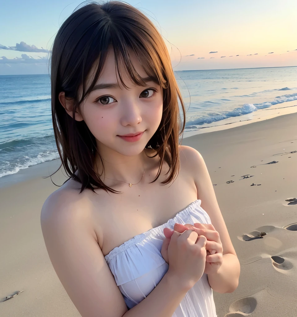   top quality、  Masterpiece 、  super high resolution、Clear photo、  RAW photo 、( とても cute girl、  cute girl、cute Nishino Nanase   、  the cutest  )、、 small fac sand beach with the sea in the background、Water&#39;s Edge、( cute girl in a swimsuit lying on a sandy beach、Sand on the body、  wet skin  )、  evening  、 Sunset Background、(Wear a white swimsuit:1.8、(bandeau bra  :1.8、shoulderless bra:1.8))、(Tiny swimsuit、low rise swimsuit)、( Big Breasts 、  big erect nipples  )、slender、   Thin Waist、  very short hair、(   full body photo :1.8)、 Laughter