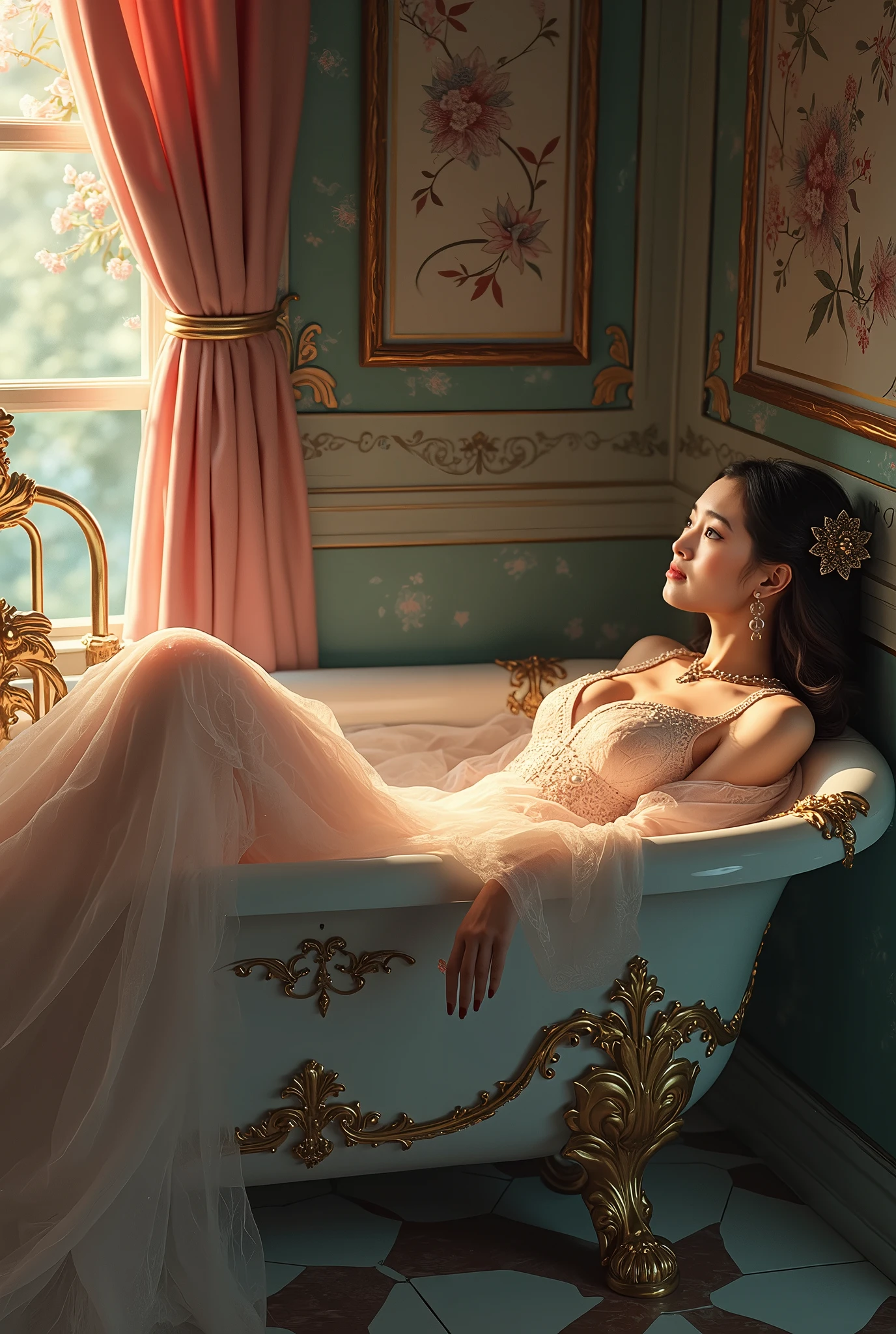 Princess of the Royal Palace of Vietnam, 18 years old, Bathe naked in a bath in a luxurious palace with many servants serving around. 8K photo, nsfw:1.2. baby lustfull face, large chest full, pink nipples.