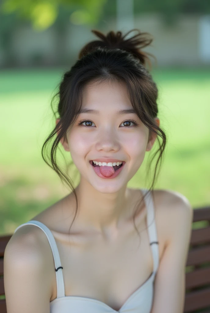 (((upper body shot))),(nude),(nipples),Ultra-high resolution,big eyes,smile,(open mouth with tongue),((tongue out)),Japanese,bangs,(a girl),(1 girl),((18-year-old)),((cute)),pretty,eyes closed,earring