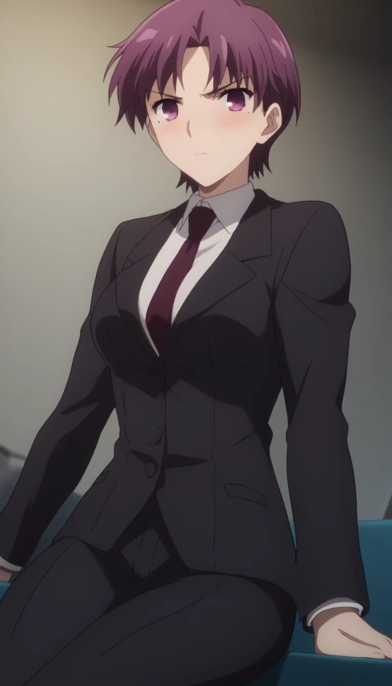 sauce_anime, ambient light,, tall female, 
1 tall female, anime screencap, anime coloring, official style, bazett fraga mcremitz, short hair, (purple eyes:1.1), purple hair, mole, mole under eye, medium breasts, detailed eyes, 
necktie, formal, suit, black suit, black pants,
indoor,  hotel ,  blush, pov ,, sitting,
alone, Dutch Angle, (looking at viewer), Cowboy Shot, , , large breast,  