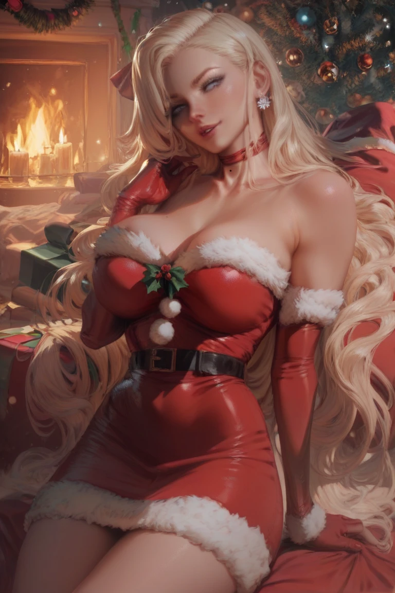 1girl, Long Hair, Breasts, Blonde Hair, Santa dress, 