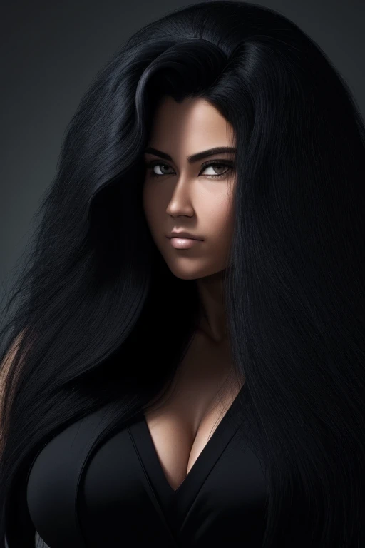 most very jet black hair,most very long hair,long wolf cut hairstyle,most very lion hair,most very wolf hair,most very frizzy hair,coarse hair,most very spread hairstyle,thick hair,fluffy hair,most very heavy weight hair,heavy looking hairstyle,most very voluminous hair,shiny jet black hair,woman's hair is covering all right eye,female jail officer,black uniform,a heavy-looking uniform,black pants,tall woman,1 Japanese woman,woman's height 2.3m,most very strong face,most very mocking smile face,black eyes,very close-up to face,most very muscle body,most very beautiful face,show more hair,high resolution,green background