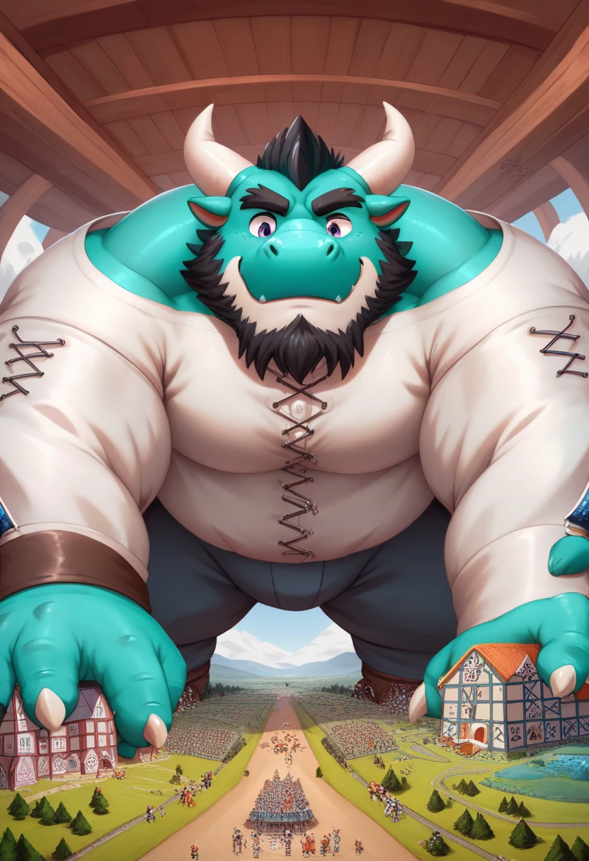 Scribble dragon face, furry (dragon), chubby, strong muscles (black eyebrows: 1.1), (perfect eyes), turquoise fur, wears medieval peasant clothing, (artist: Takemoto Arashi), paw, (black beard: 1.3) , (medieval peasant clothing: 1.4), (massive: 3.0, (heavyweight, strong, macro, emphasis on massive large size)), background ((in a medieval Barn)), huge giant macro giant hyper dragon, big big hyper muscle, gentle and friendly looking giant dragon, duo giant dragon rider little son, growth, cramped, head touching ceiling, growth, miniguy,
giant, giant with miniguy, Giant Dragon, Miniboy, Giant Dragon with miniboy
cramped
head touching ceiling