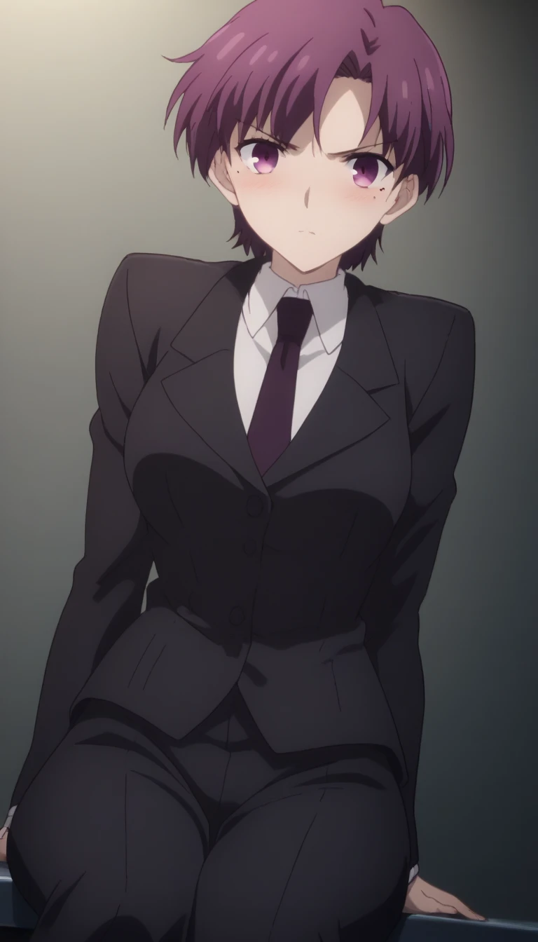 sauce_anime, ambient light,, tall female, 
1 tall female, anime screencap, anime coloring, official style, bazett fraga mcremitz, short hair, (purple eyes:1.1), purple hair, mole, mole under eye, medium breasts, detailed eyes, 
necktie, formal, suit, black suit, black pants,
indoor,  hotel ,  blush, pov ,, sitting,
alone, Dutch Angle, (looking at viewer), Cowboy Shot, , , large breast,  