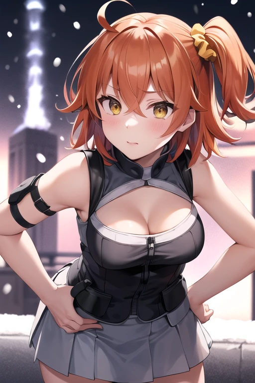 Fujimaru Ritsuka,short hair,orange hair,ahoge,((one side up:1.4)),hair between eyes,bangs,yellow hair scrunchie,yellow eyes,medium breasts,
(((bullet proof vest:1.3),sleeveless, bare shoulder,(cleavage:1.2),black mini skirt,black water gun,toy gun)),
1girl,(is embarrassing,big blush,closed mouth:1.0),
((leaning forward,hand on hip:1.2)),
(night city,snow:1.0),clothed