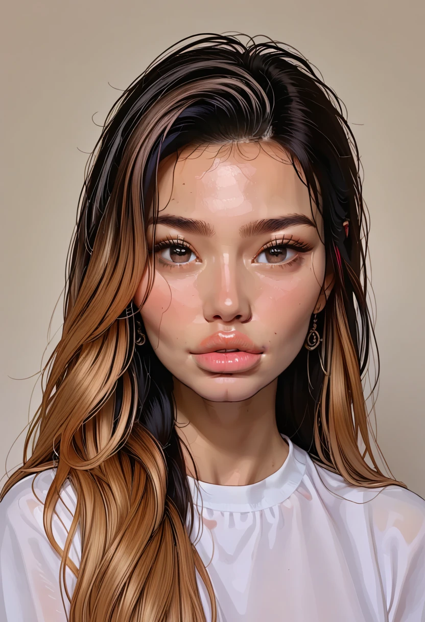 masterpiece, best quality, young asian woman ohwxmc, in white shirt, portrait, looking at viewer, simple background, huge bimbo, lips,,huge glossy lips, kissing lips,