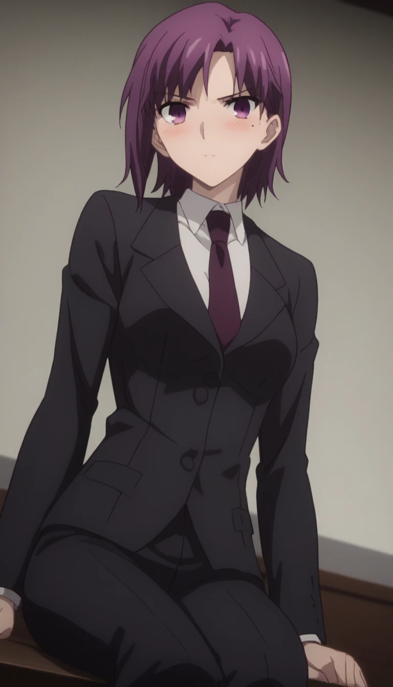 sauce_anime, ambient light,, tall female, 
1 tall female, anime screencap, anime coloring, official style, bazett fraga mcremitz, medium hair, purple eyes, purple hair, mole, mole under eye, medium breasts, detailed eyes, 
necktie, formal, suit, black suit, black pants,
indoor,  hotel ,  blush, , sitting,
alone, Dutch Angle, (looking at viewer), Cowboy Shot, , , large breast,  