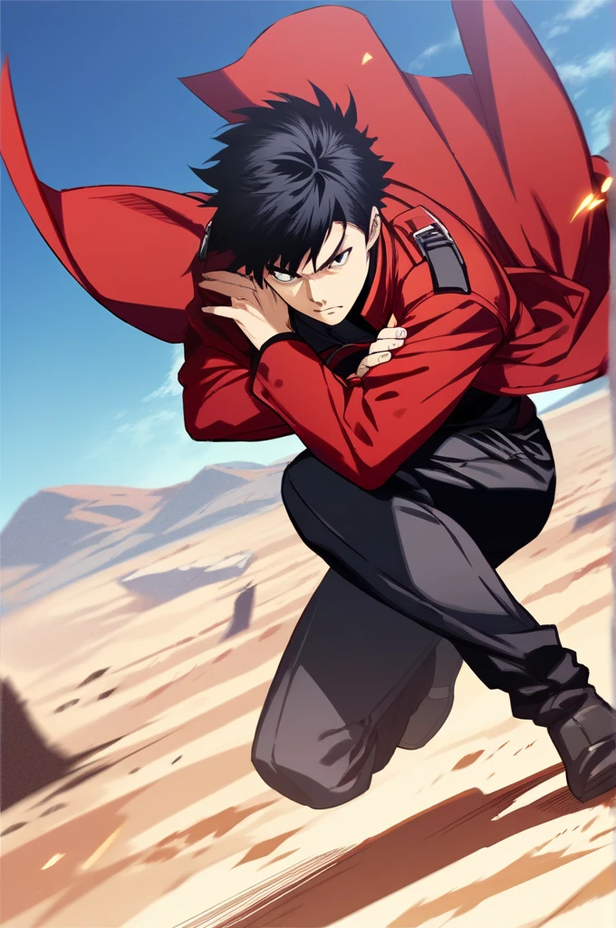 score_9, source_anime, score_8_up, score_7_up, detailed background, 1boy, solo, full body, Desert,   action scene, action pose, crossed arms, black hairs , 
Black pants, long red coat.