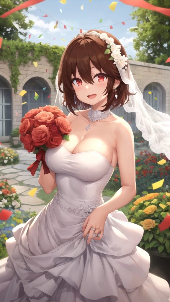 masterpiece, best quality, high quality, girl, solo, looking at viewer, keyaru_kaifuku_jutsushi, brown hair, red eyes, hair between eyes, large breasts, wedding Dress, standing, garden, confetti, holding bouquet, smile, open mouth,