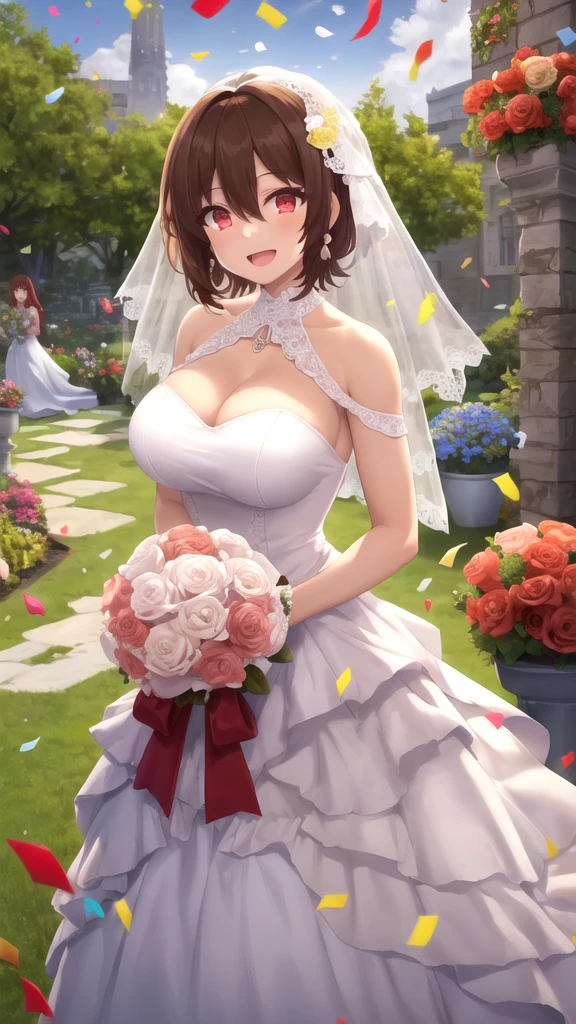 masterpiece, best quality, high quality, girl, solo, looking at viewer, keyaru_kaifuku_jutsushi, brown hair, red eyes, hair between eyes, large breasts, wedding Dress, standing, garden, confetti, holding bouquet, smile, open mouth,