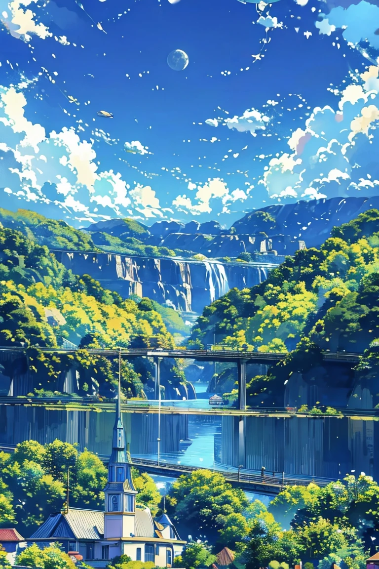  top quality,  Masterpiece ,  ultra high resolution ,( photorealistic:1.4),4K, delicate details without lighting,  Pixel Art ,scenery, is not human,null, outdoors,cloud,moon,waterfall,tree,water,day,  knight ,crescent moon, Building ,city,city,star \(null\),cityscape,Tower,blue null,nature, bridge ,fantasy,  knight  null、 Christmas