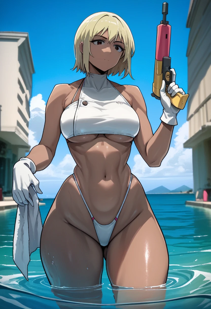 1girls, bikini, white bikini, blue trim, neon trim, sneakers, shoes, tech, scuence-fiction, futuristic, machinery, smile, tongue out, tongue, blonde hair, very short hair, short hair, boyish, tomboy, blue eyes, breasts, large breasts, wide hips, thick thighs, smirk, smug