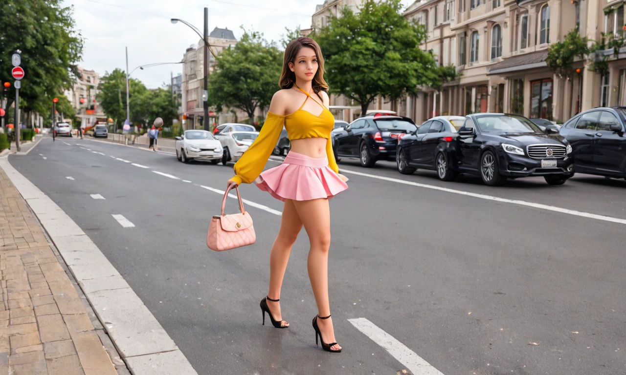 A cute woman (mini skirt, age 25, cute, halter top with long sleeves deep neck plunge, expensive heels, expensive purse) clumsily walking on a sidewalk by a busy road, causing a traffic jam as cars stop to star at her