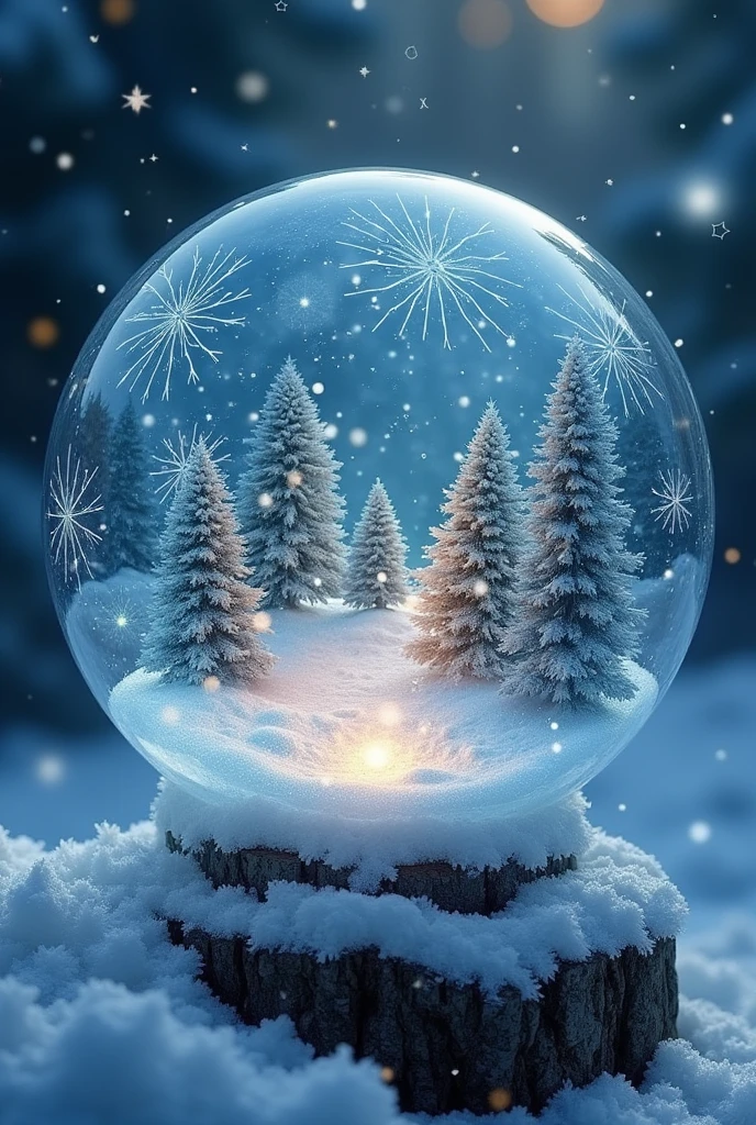 A magical Christmas ice crystal ball, featuring intricate snowflakes and shimmering ice patterns, with a whimsical winter landscape inside, glowing softly with a warm light, surrounded by sparkles and a dreamy atmosphere, highly detailed, fantasy art style