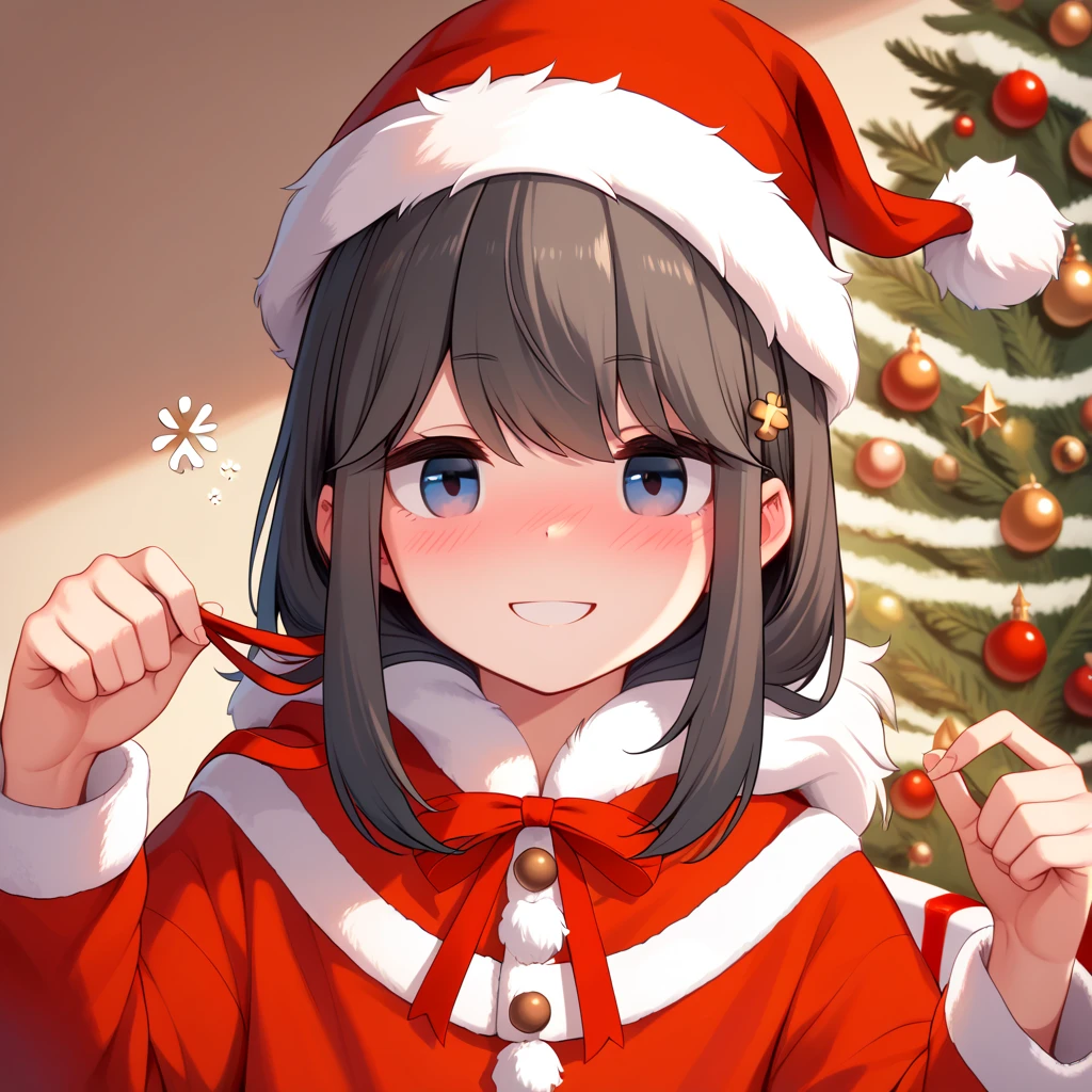  (8k), (  very detailed), (   best illustration  ), . flat chested。 Santa clothes 。 Santa hat。 Christmas hat 。No glasses。
 big red ribbon barrette。 four-leaf clover in hair 。adult。Slightly brown black hair。Shima Rin,。 medium hair。Being drunk。smile。adult。「 let's eat together」I'm inviting you to 。 Christmas tree