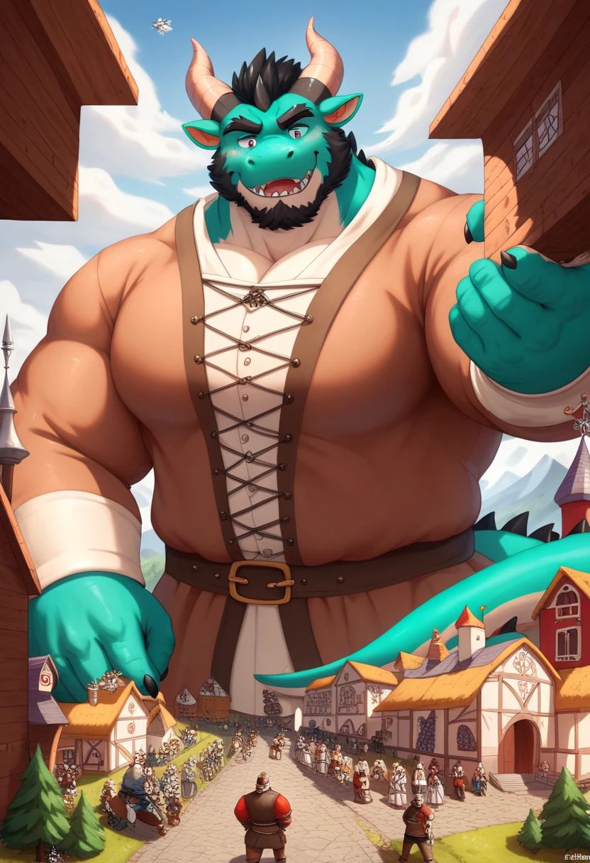 Scribble dragon face, furry (dragon), chubby, strong muscles (black eyebrows: 1.1), (perfect eyes), turquoise fur, wears medieval peasant clothing, (artist: Takemoto Arashi), paw, (black beard: 1.3) , (medieval peasant clothing: 1.4), (massive: 3.0, (heavyweight, strong, macro, emphasis on massive large size)), background ((in a medieval Barn)), huge giant macro giant hyper dragon, big big hyper muscle, gentle and friendly looking giant dragon, duo giant dragon rider  son, growth, cramped, head touching ceiling, growth, miniguy, giant, giant with miniguy, Giant Dragon, Human Miniboy, Giant Dragon with Human miniboy cramped head touching ceiling
head touching ceiling