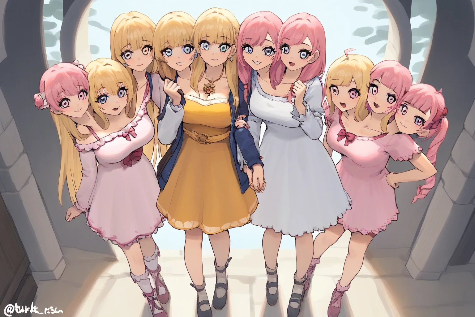 (masterpiece, best quality), best resolution, 16k, full-body shot, (two heads, three heads, conjoined:2), standing, 3 beautiful young girls the first girl with long lavender hair with bangs with light blue eyes in a gorgeous blue and white dress with detailed sleeves showing shoulder and short socks up to the ankles. The second girl with short sun yellow hair with bangs and a yellow and orange dress with a big gold necklace is the happiest and the third has long hair( Wavy) with strawberry pink hair with dull pink eyes in a bright and light pink dress with white with a bow at the waist long socks ( They are all )They all have the same height, medieval anime era ( the dresses are like the gemshin impact game) In the picture they have to come out whole from head to toe. They are still in the photo dressed in different clothes.