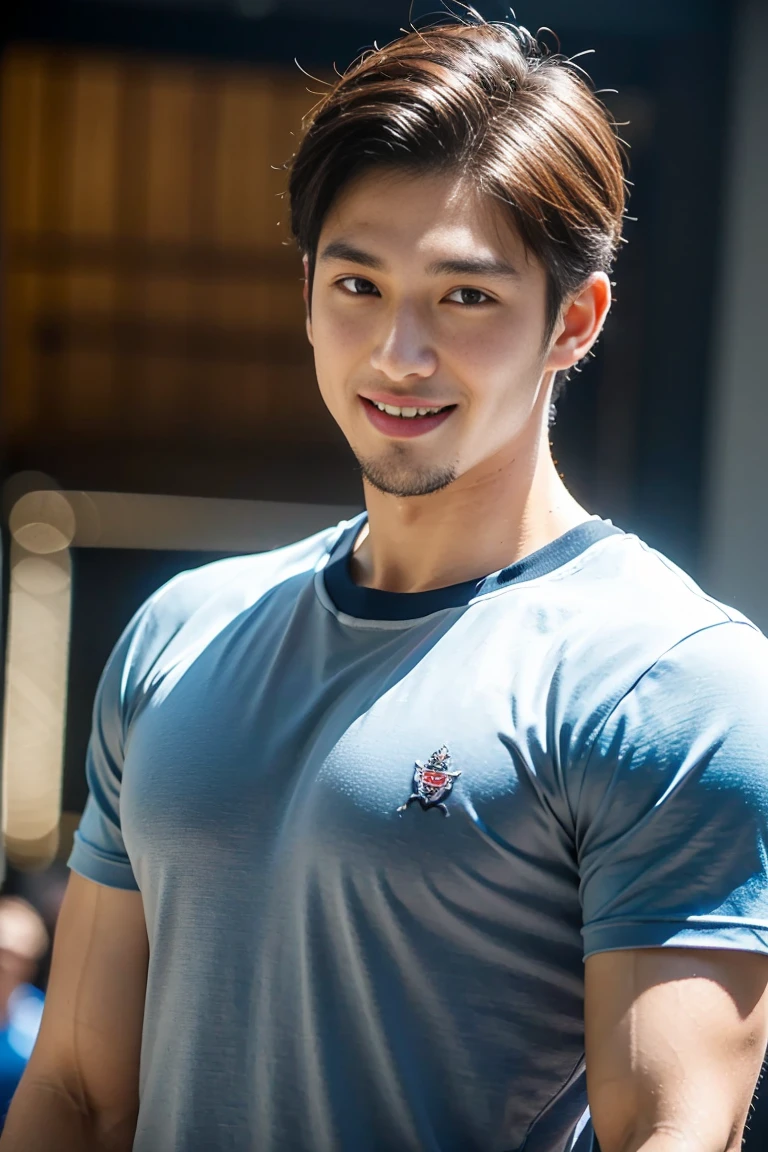 man , Blue t-shirt, jeans, black short hair , outdoor , cute smile , หน้าhandsomeแบบเกาหลีสมจริง , modest muscles , Masterpiece、High resolution、Surreal、detailed face、alone、man、Glowing skin、(Asia)、handsome、tall building background