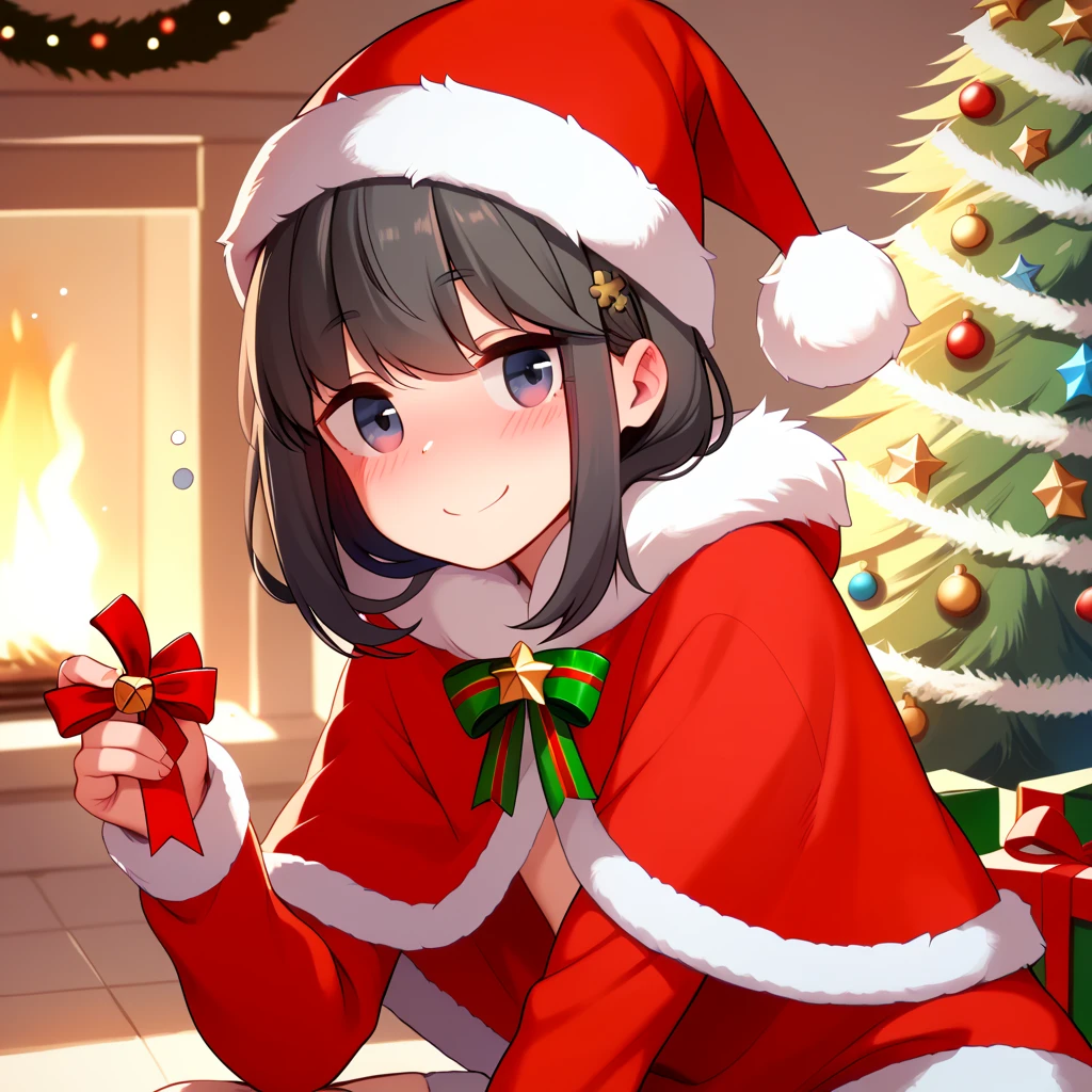  (8k), (  very detailed), (   best illustration  ), . flat chested。 Santa clothes 。 Santa hat。 Christmas hat 。No glasses。
 big red ribbon barrette。 four-leaf clover in hair 。adult。Slightly brown black hair。Shima Rin,。 medium hair。Being drunk。smile。adult。「 let's eat together」I'm inviting you to 。 Christmas tree