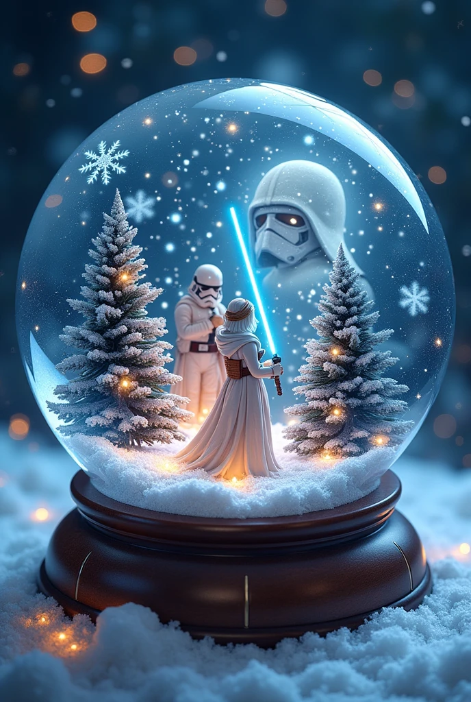 A Christmas-themed ice crystal ball featuring elements from Star Wars, with a whimsical and magical atmosphere. Inside the ball, depict iconic Star Wars characters and scenes intertwined with festive decorations like snowflakes, Christmas trees, and twinkling lights. The background should be dreamy and ethereal, enhancing the fantasy feel.