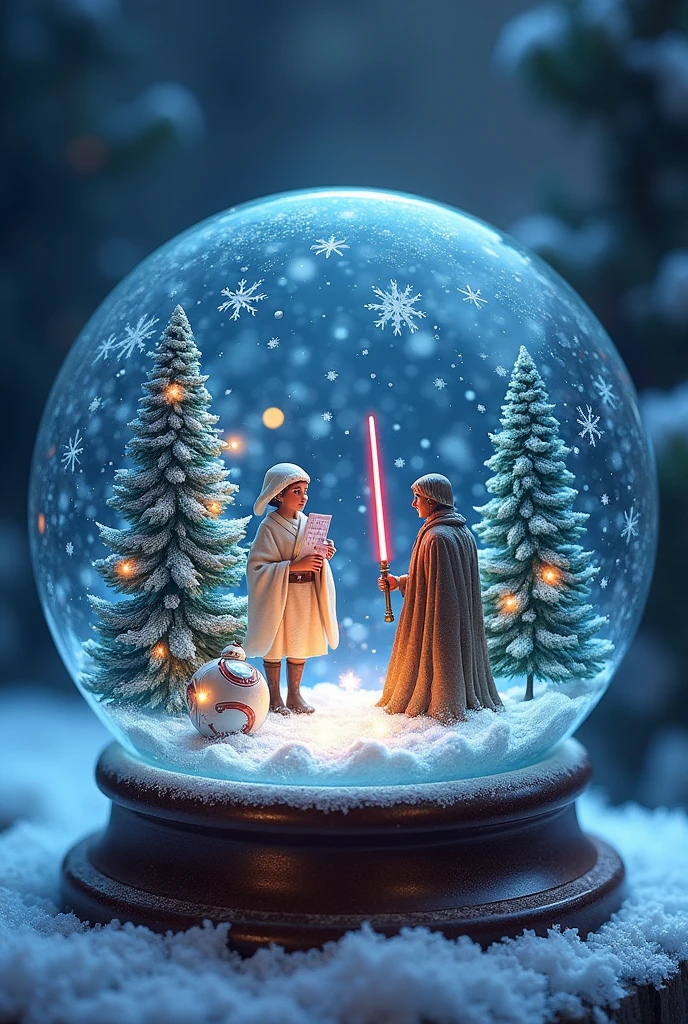 A Christmas-themed ice crystal ball featuring elements from Star Wars, with a whimsical and magical atmosphere. Inside the ball, depict iconic Star Wars characters and scenes intertwined with festive decorations like snowflakes, Christmas trees, and twinkling lights. The background should be dreamy and ethereal, enhancing the fantasy feel.