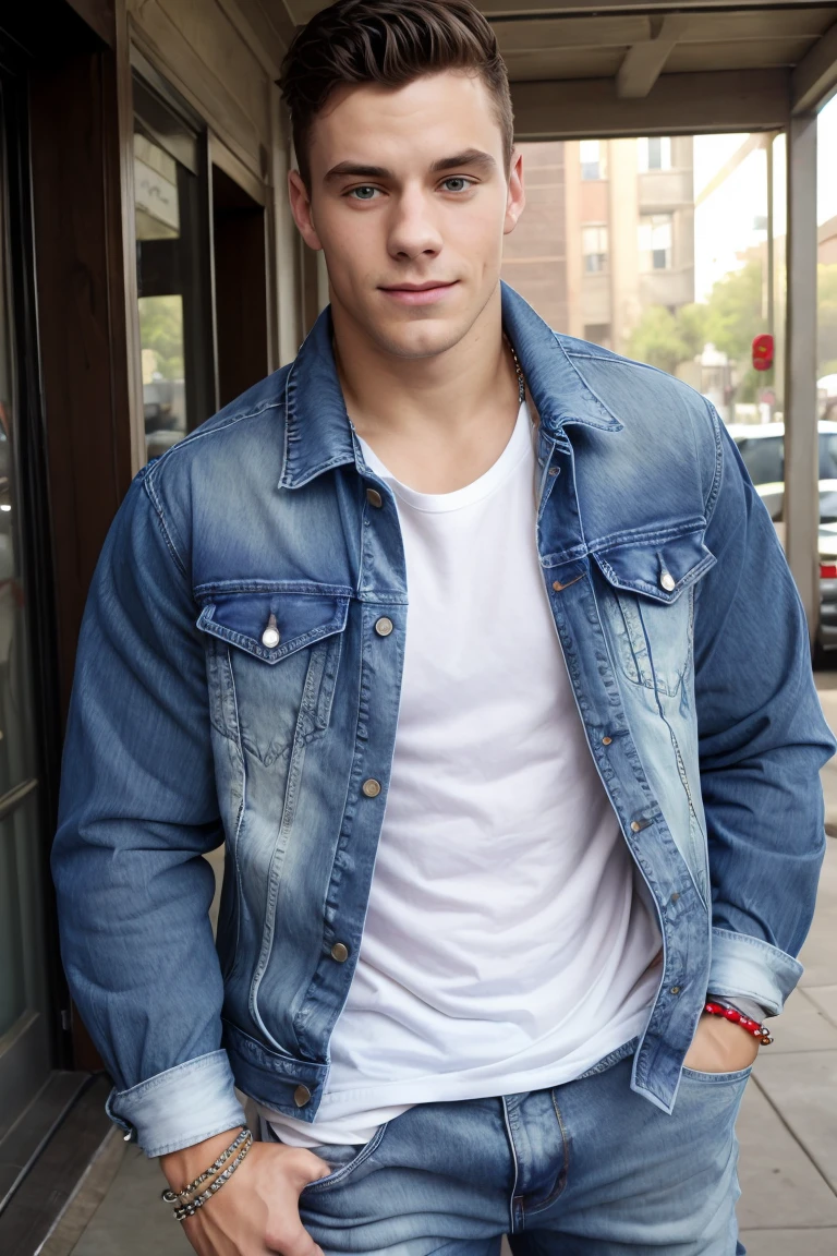  Jack's photo _Dalton ,  Natural relaxed expression ,  wearing a denim jacket ,  wearing a beaded bracelet ,  wearing a Henry shirt and shabby jeans