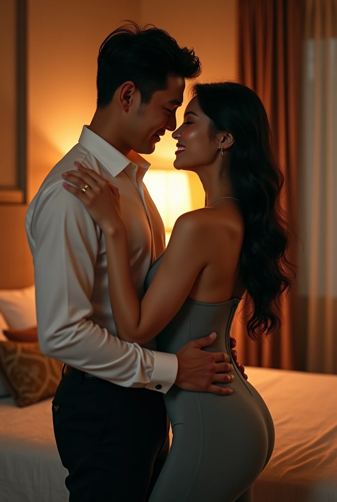In a dimly lit, luxurious penthouse bedroom, Evelyn Chen, a powerful and stunningly beautiful woman in her late 30s, stands confidently over Alex Tanaka, a young and eager 1 intern, who is seated on the edge of the bed, looking up at her with a mixture of awe and desire. Evelyn is dressed in a form-fitting black dress that accentuates her curves, her hair cascading down her shoulders, her gaze intense and commanding. She leans down, her hands gripping his chin, pulling him closer with an authoritative yet passionate touch. The room is filled with tension, the air thick with the electricity of their connection. Soft, ambient lighting casts shadows that highlight the dominance and allure of Evelyn, while Alex’s expression reflects both submission and yearning. Hyper-detailed, cinematic lighting, high resolution, intimate and powerful atmosphere.