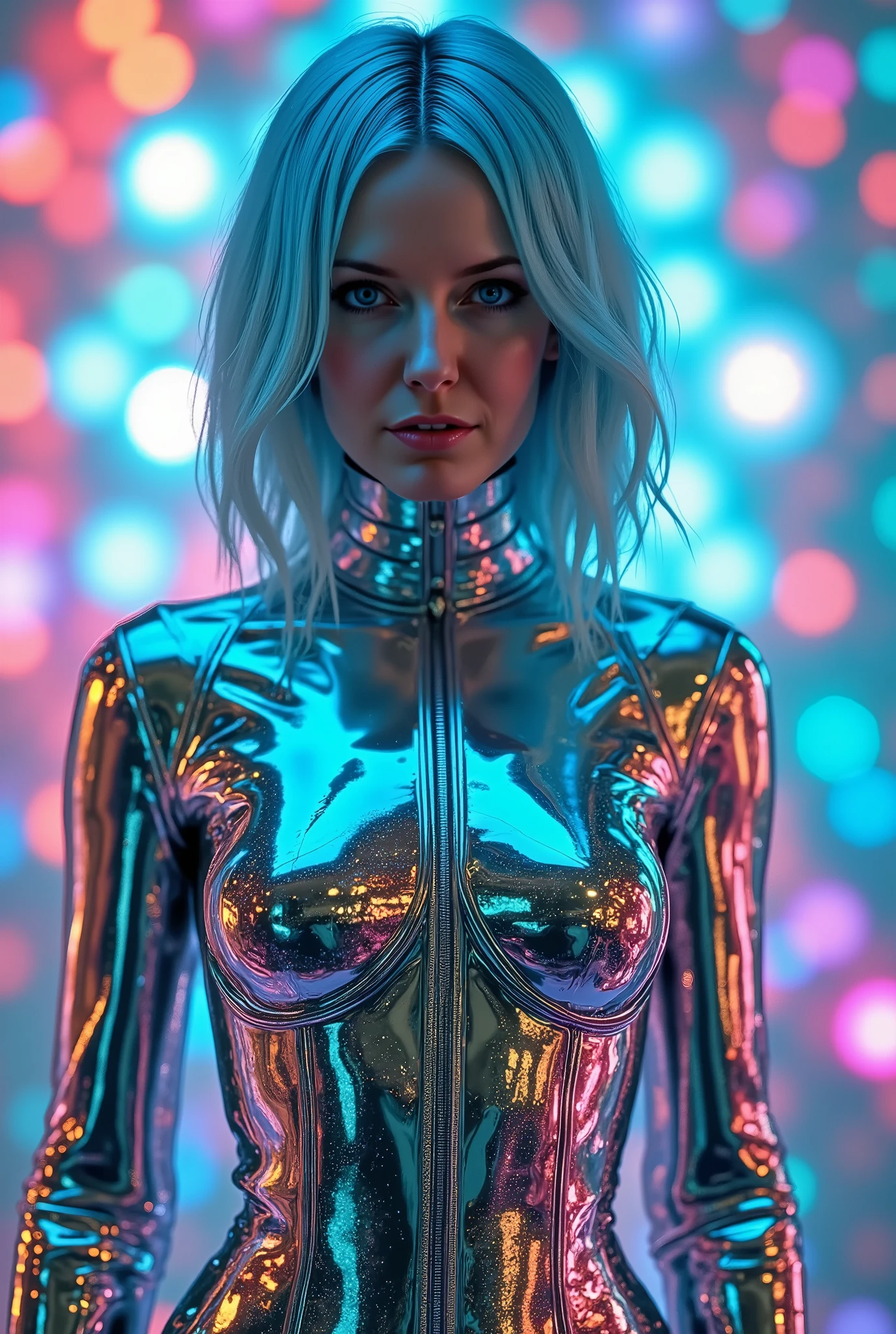 light blue-haired woman in chrome-plated tight-fitting mirror outfit ,  background full of colors which is reflected in the mirror outfit. p0k13s