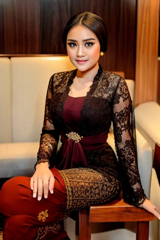 1 girl, indonesian dark color kebaya, sit on wooden chair, detailed eyes, most beautiful girl, crossing legs