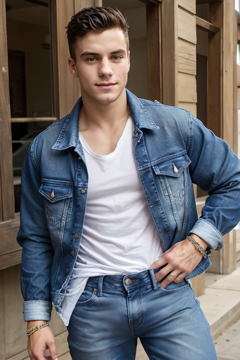  Jack's photo _Dalton ,  Natural relaxed expression ,  wearing a denim jacket ,  wearing a beaded bracelet ,  wearing a Henry shirt and shabby jeans