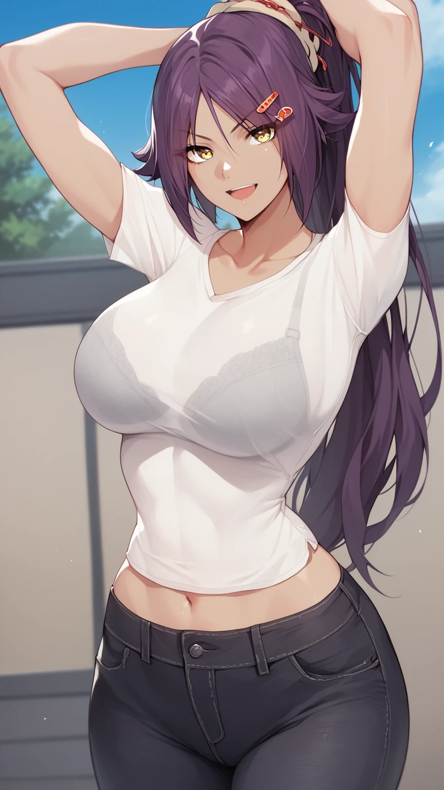 score_9, score_8_up, score_7_up, score_6_up, score_5_up, score_4_up, 1girl, hot, big breasts, slender waist, wide hip, thick thighs, big ass, dark-skinned female, dark skin, purple hair, ponytail, yellow eyes, yoruichi shihouin, long hair, 1girl, solo, breasts, shirt, long_hair, pants, black_hair, open_mouth, white_shirt, navel, large_breasts, smile, arms_up, midriff, bangs, outdoors, black_pants, ponytail, short_sleeves, hair_ornament, grey_eyes, denim, looking_at_viewer, jeans, sky, bra_visible_through_clothes, hairclip, cowboy_shot, arms_behind_head, collarbone, sidelocks