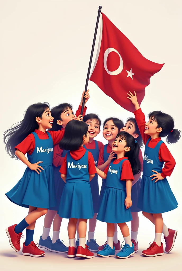 "TUGBA KALAN" is written in golden yellow and its shadow is reflected on the ground behind it. There is a 2 woman wearing a red dress. There is a large Turkish flag in the background.
